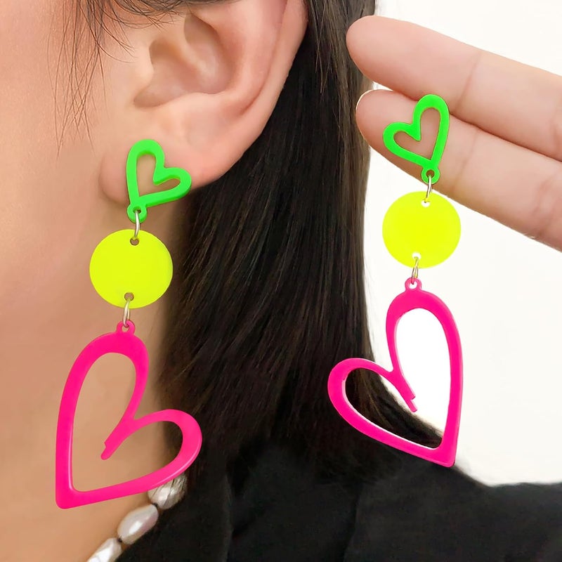 HOLYRY Neon Heart Earrings for Women Acrylic Neon Earrings 80s 90s Outfit for Women Glow Party Accessories Gifts Hot Pink Orange Green Yellow - Image 2